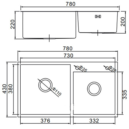 Мойка из нерж.стали Gerhans K37843-S 2 чаши 780*430*220 мм Сталь